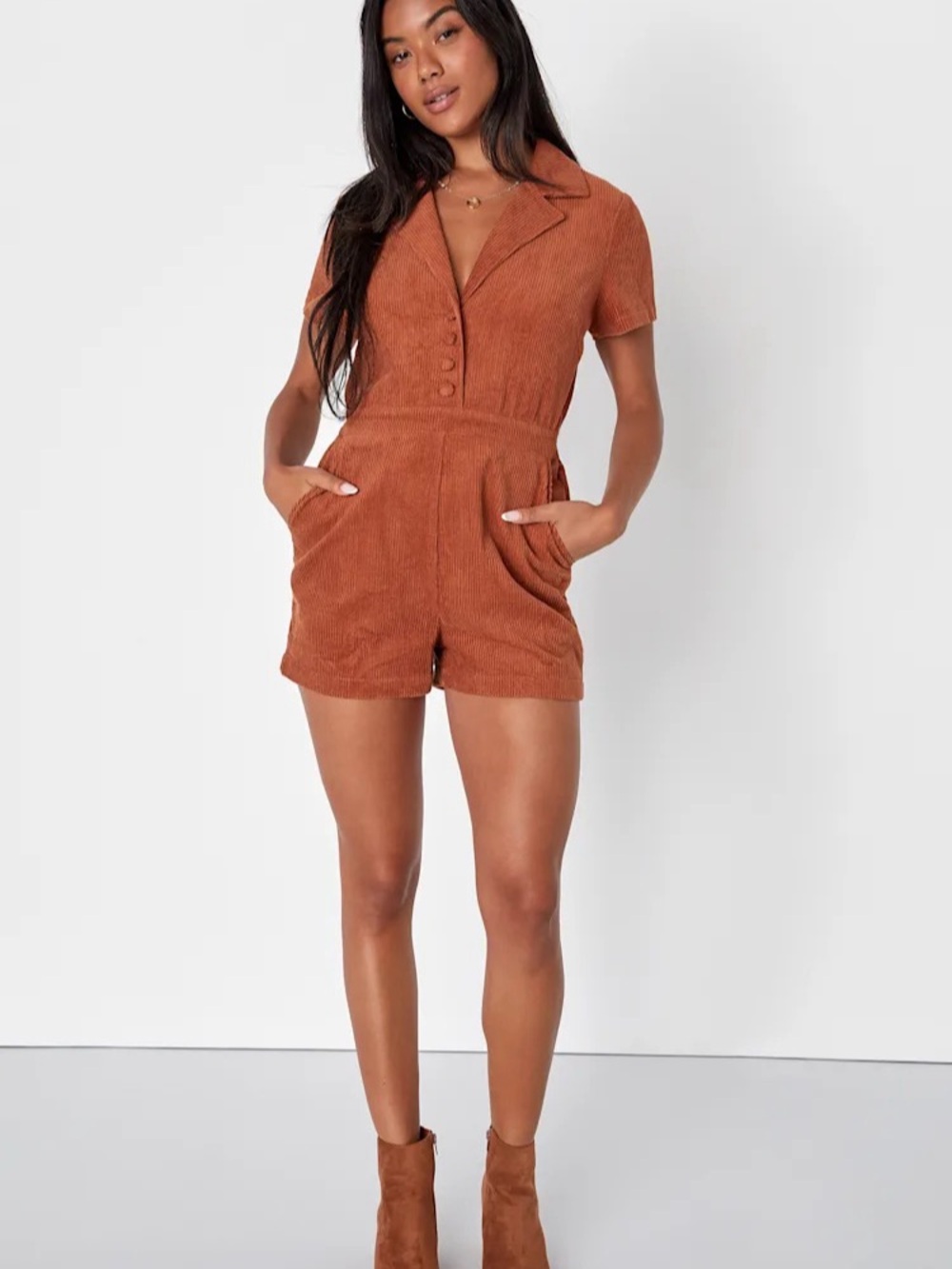 Lulus Corduroy Collared Romper in Orange Size M
